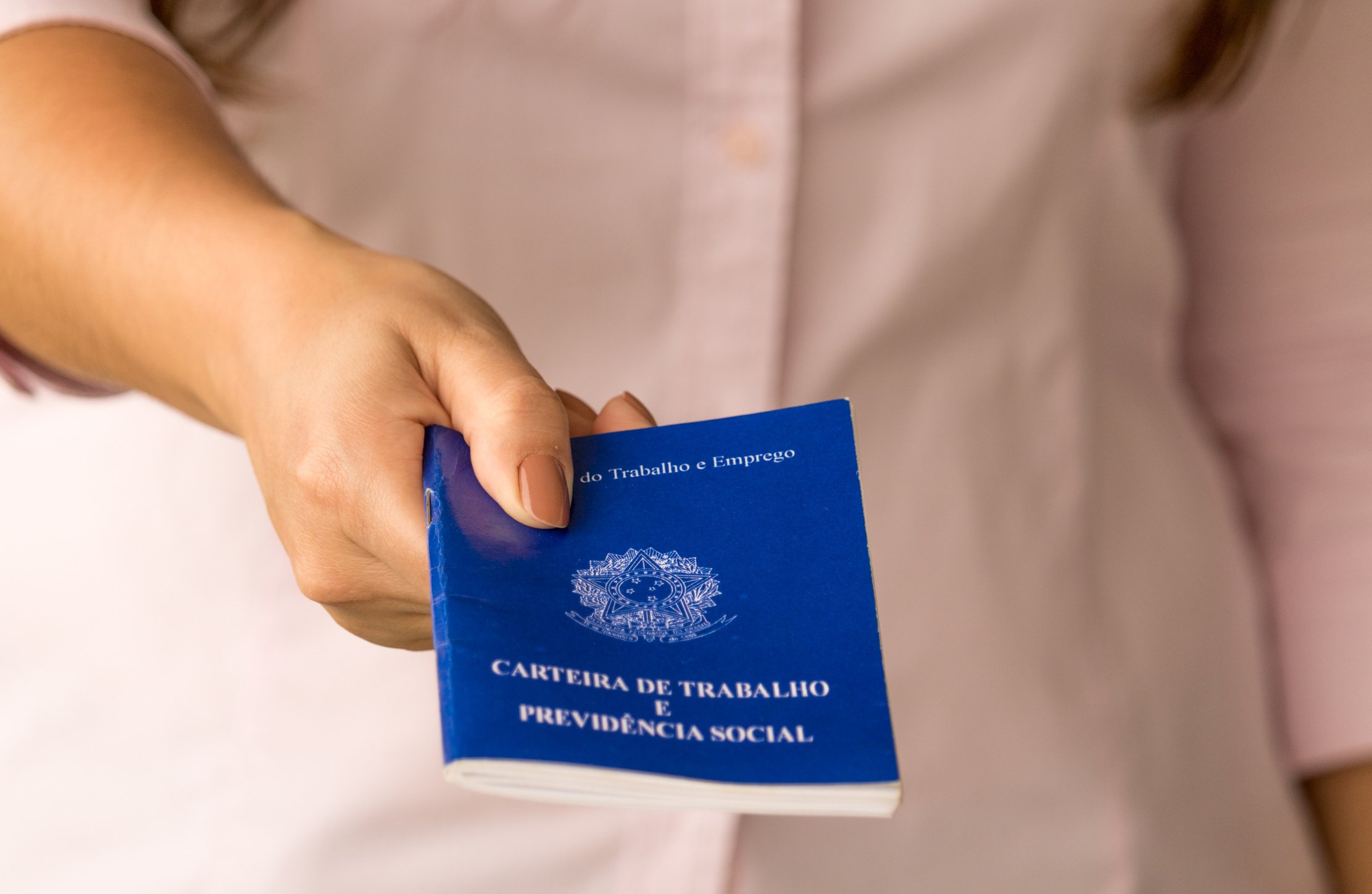 Female hands of a worker holding a portfolio work permit of the Ministry of Labor and Social Security of Brazil.